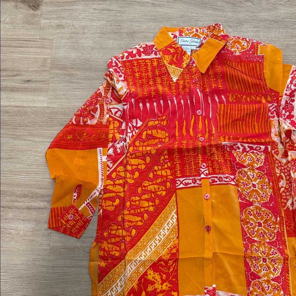 Diane Gilman Red and Orange Patchwork Women's Shirt - Picture 4 of 5